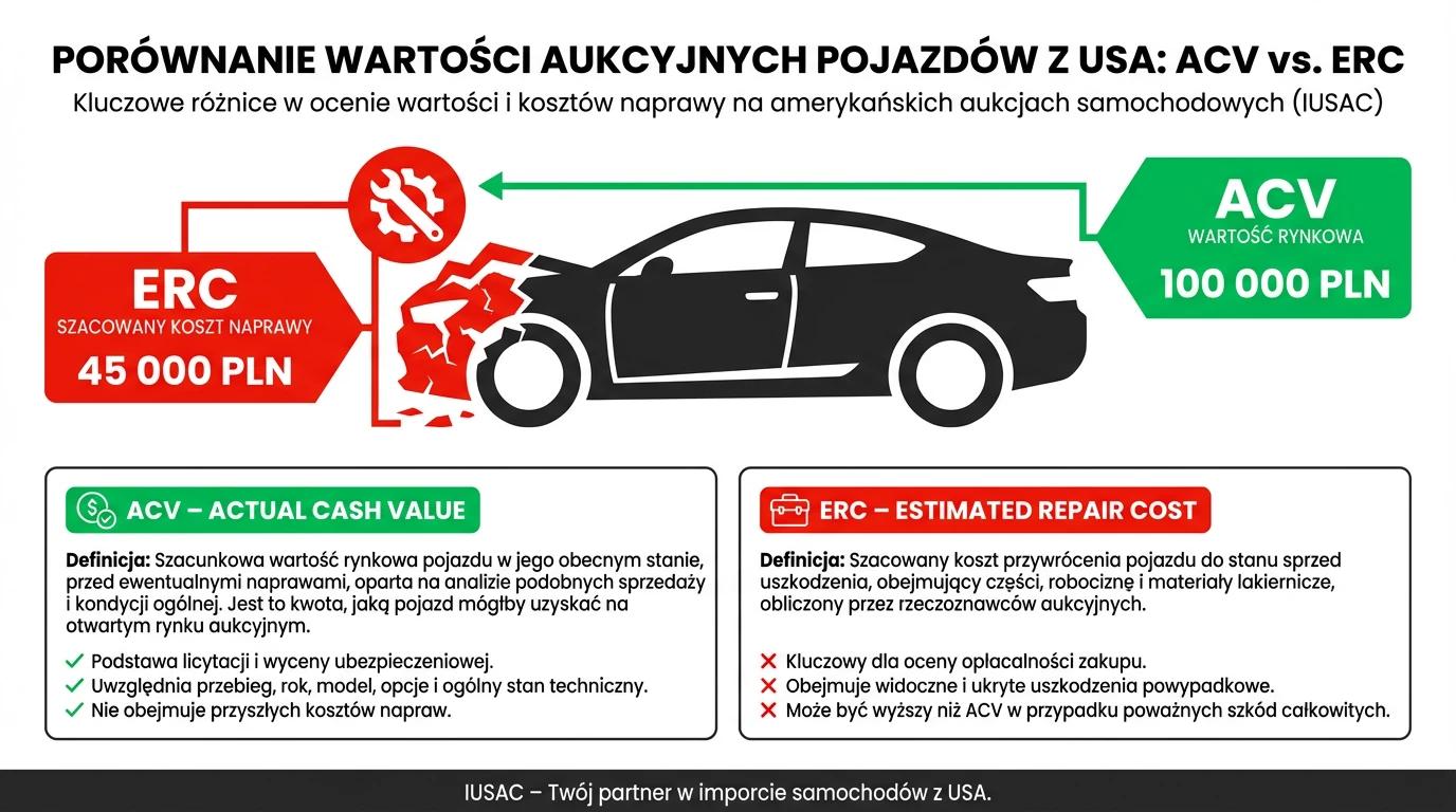 Infografika wyjaśniająca skróty ACV i ERC na aukcjach w USA