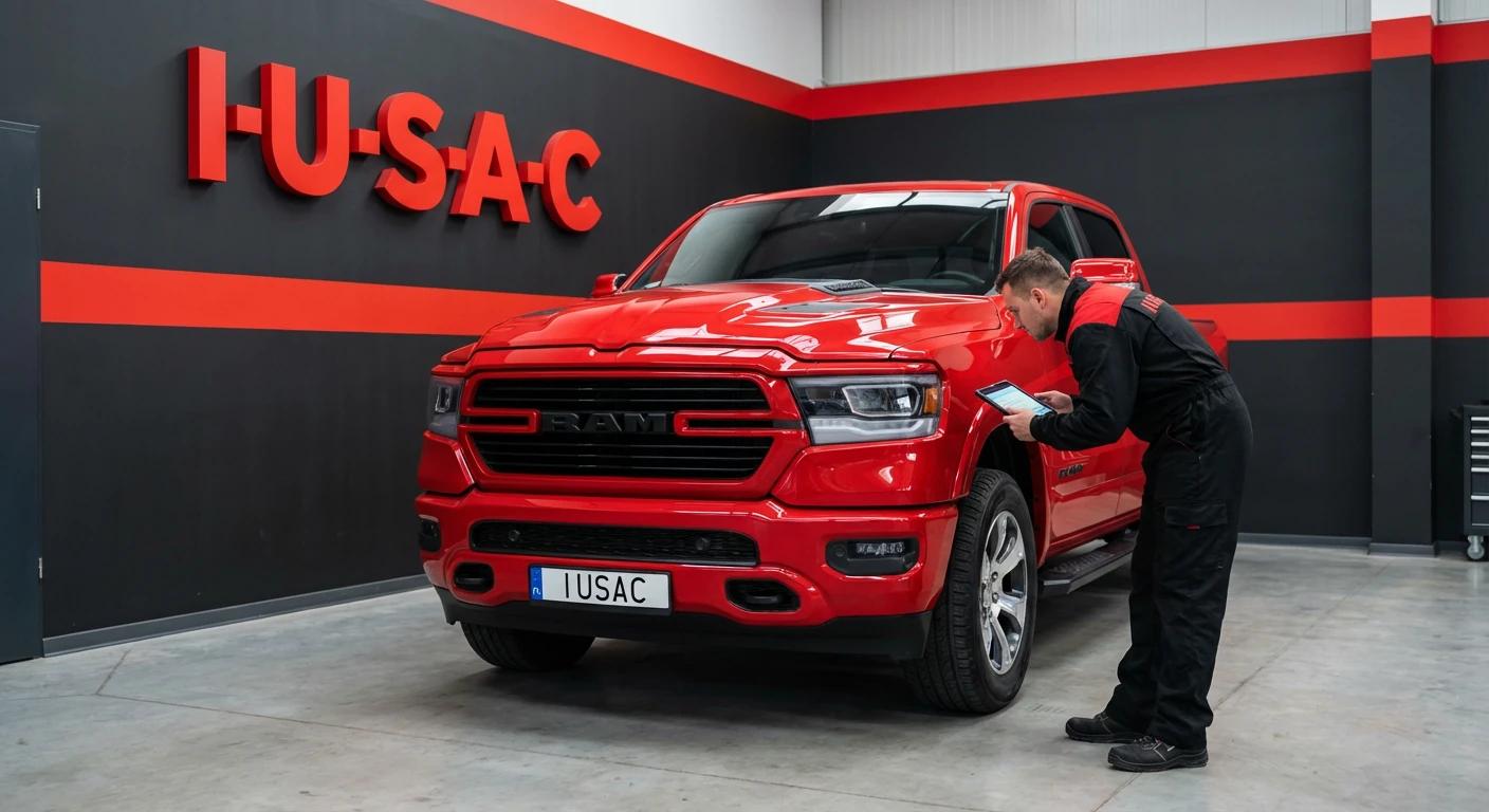 Technik IUSAC sprawdzający stan Dodge RAM 1500 TRX 2024 w nowoczesnym warsztacie po imporcie z USA