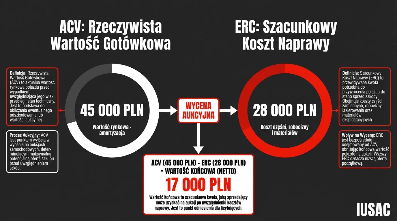 Infografika IUSAC wyjaśniająca różnice między wskaźnikami ACV i ERC na aukcjach samochodowych w USA