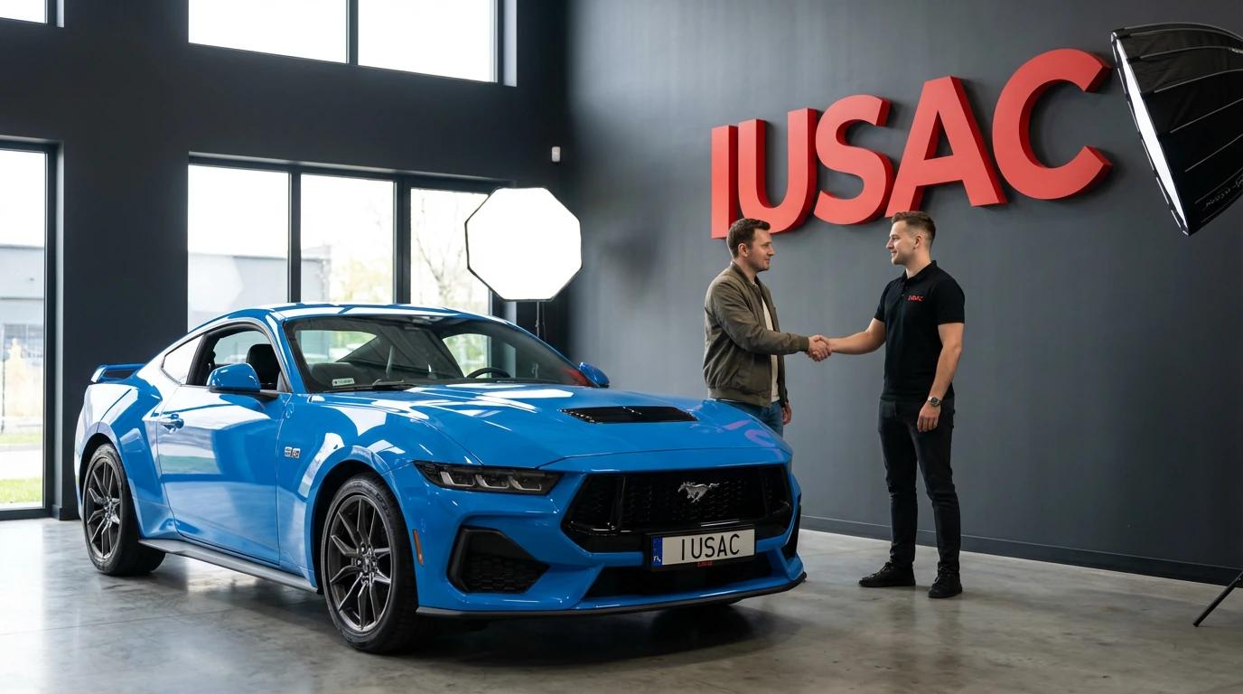 Zadowolony klient odbierający Forda Mustanga 2024 od przedstawiciela firmy IUSAC po udanym imporcie