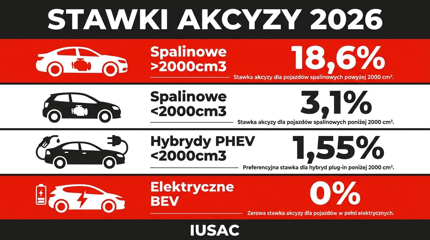 Infografika przedstawiająca aktualne stawki akcyzy za samochód z USA w 2026 roku opracowana przez IUSAC
