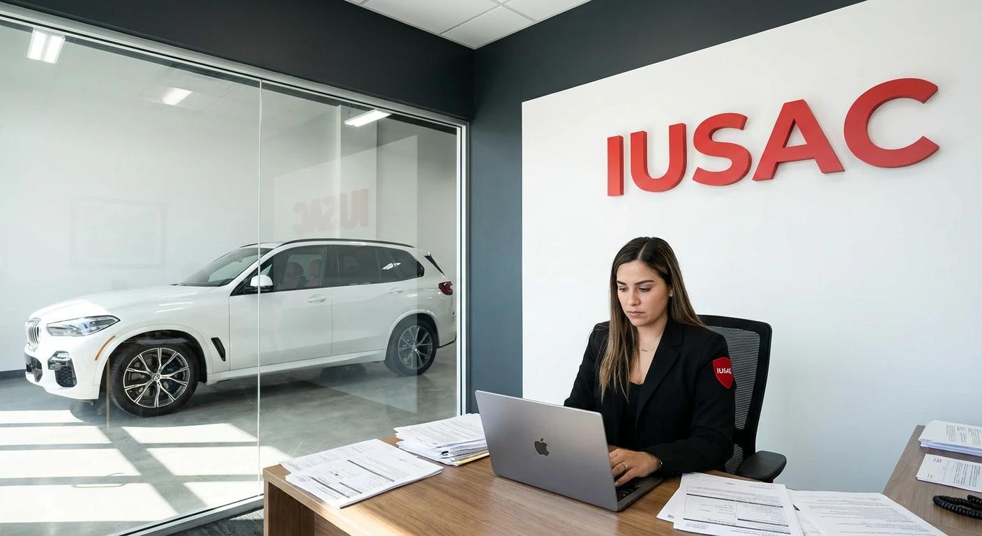 Ekspert IUSAC obliczający podstawę opodatkowania i akcyzę za samochód z USA w nowoczesnym biurze