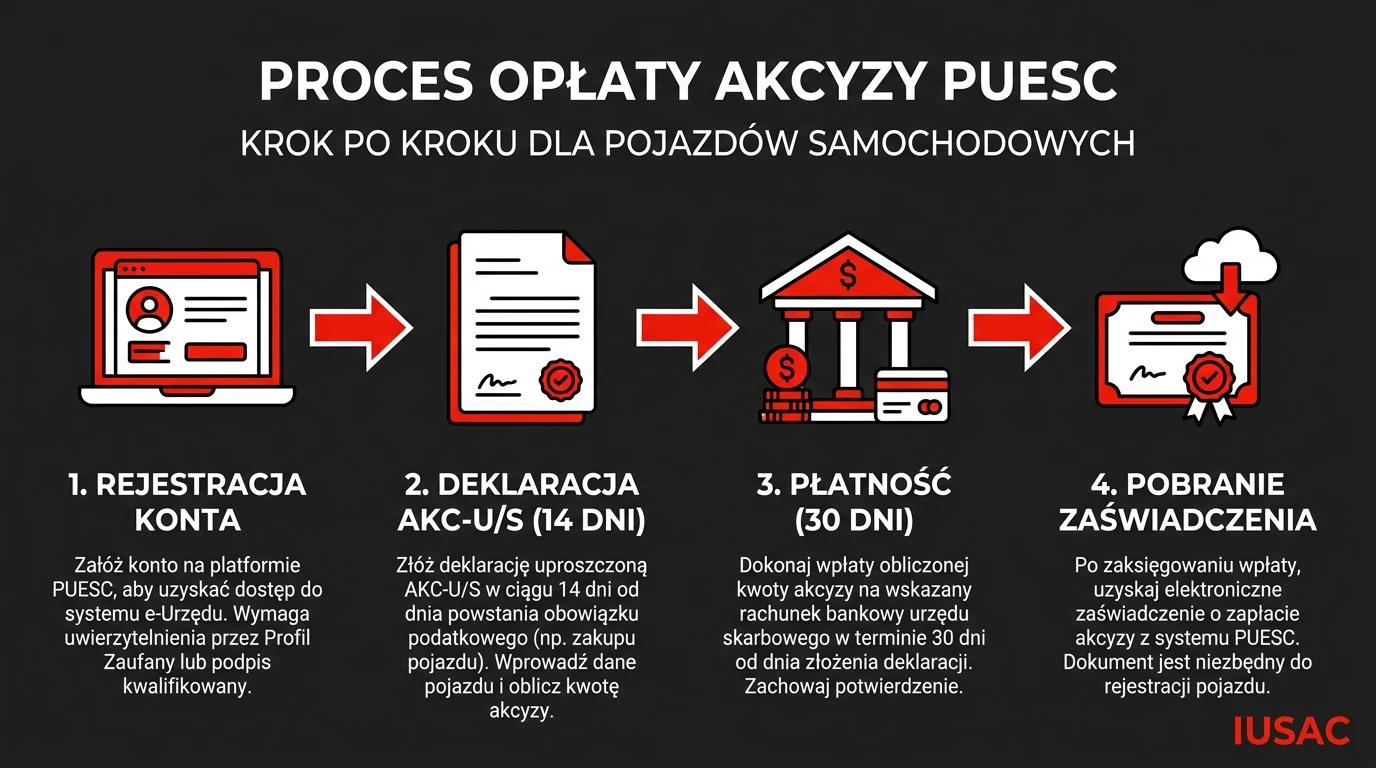 Schemat krok po kroku pokazujący gdzie zapłacić akcyzę za auto z USA przez platformę PUESC