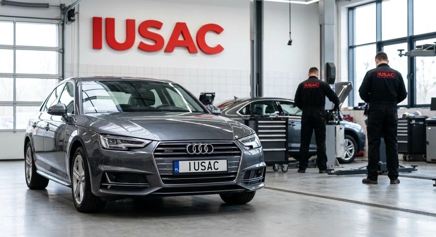 Szare Audi A4 B9 S-line z 2024 roku zaparkowane w nowoczesnym serwisie IUSAC z widocznym logo firmy na ścianie