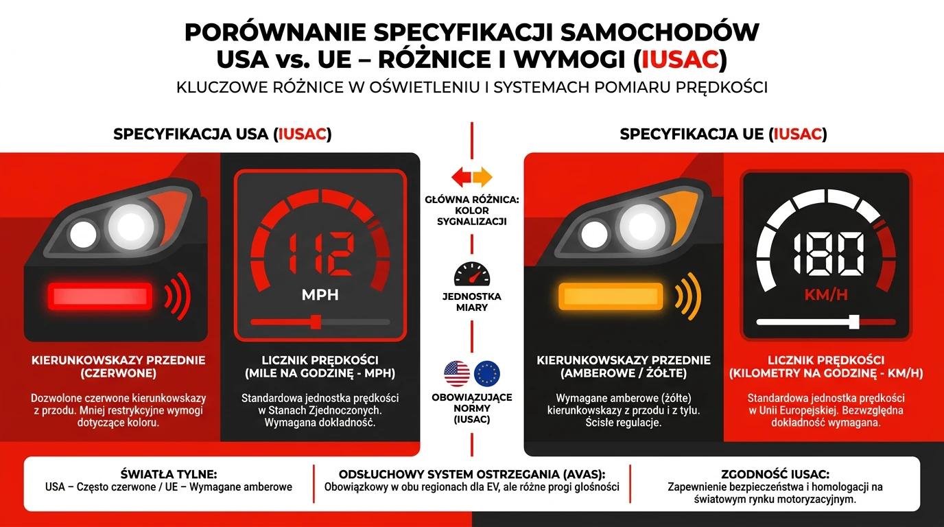 Infografika IUSAC przedstawiająca główne różnice w oświetleniu i licznikach między samochodami z USA i Europy