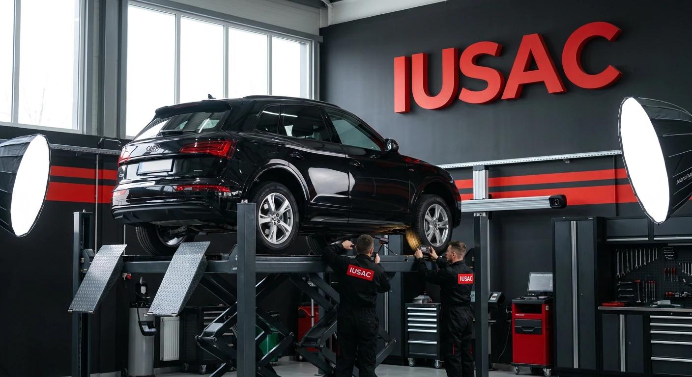 Czarne Audi Q5 FY na podnośniku w serwisie IUSAC podczas profesjonalnej inspekcji mechanicznej przed naprawą