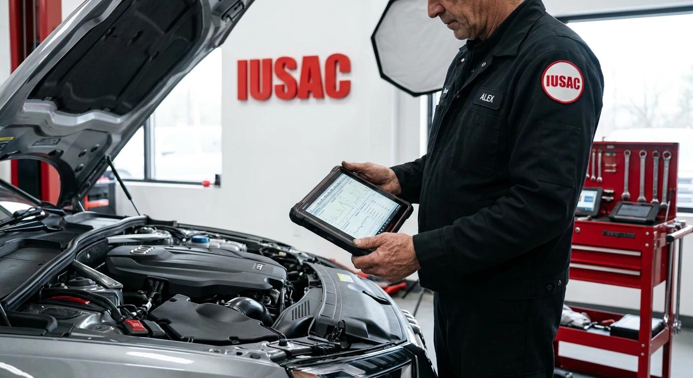 Technik IUSAC diagnozujący silnik Audi A4 B9 z USA przy użyciu zaawansowanego tabletu diagnostycznego w warsztacie