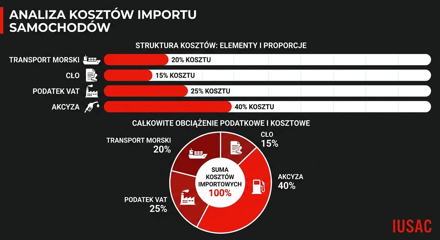Szczegółowa infografika IUSAC prezentująca rozbicie kosztów importu auta z USA w 2026 roku w tym cło i akcyzę