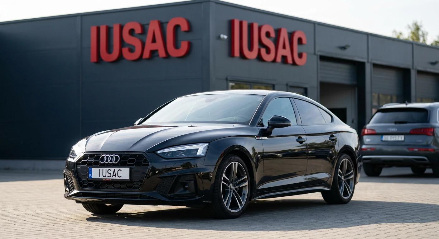 Czarne Audi A5 Sportback 2024 z USA zaparkowane przed nowoczesnym warsztatem IUSAC w Polsce.