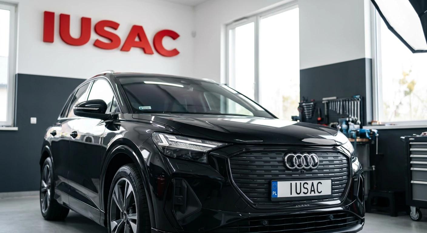 Czarne Audi Q4 e-tron z USA zaparkowane w nowoczesnym warsztacie IUSAC w Polsce