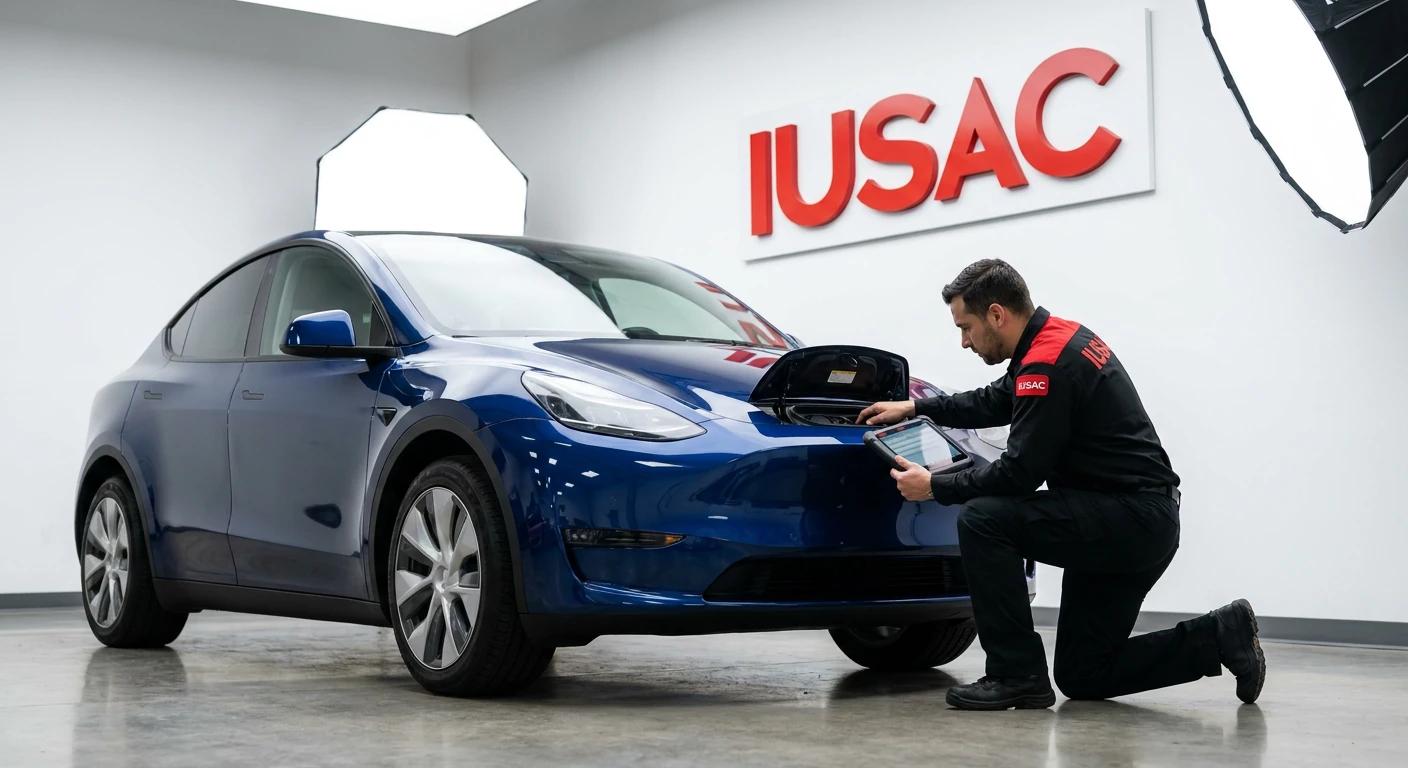 Technik IUSAC sprawdzający port ładowania w samochodzie elektrycznym Tesla Model Y z USA
