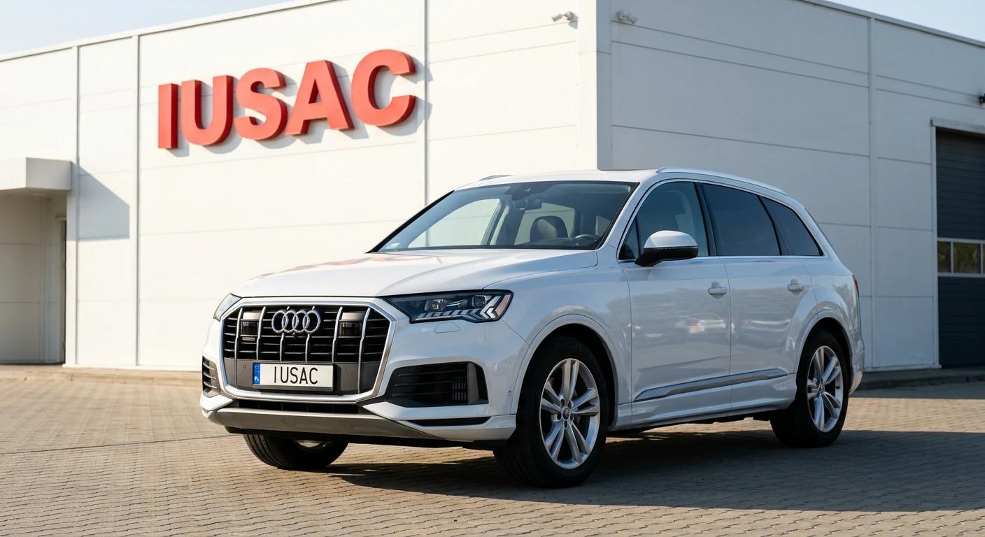 Białe Audi Q7 gotowe do wydania klientowi pod siedzibą firmy importowej IUSAC