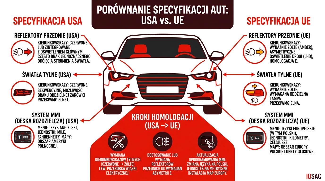 Infografika przedstawiająca różnice między amerykańską a europejską wersją Audi Q7