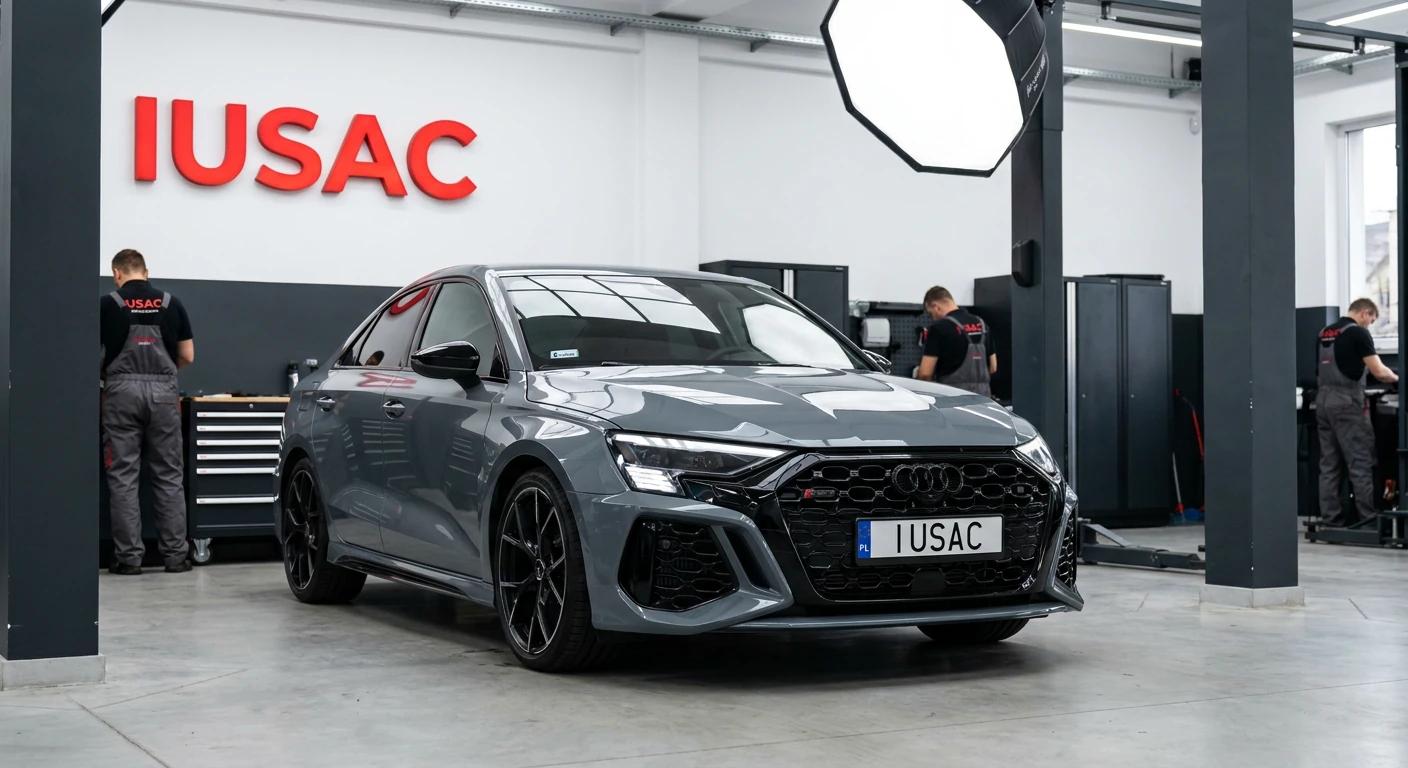 Audi RS3 z USA w kolorze Kemora Gray zaparkowane w nowoczesnym serwisie IUSAC w Polsce