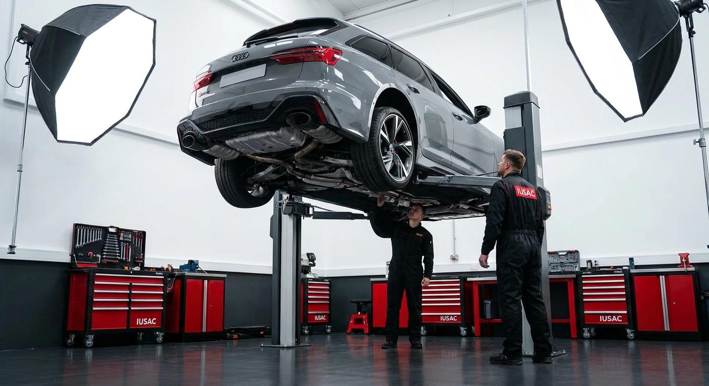 Technicy IUSAC diagnozujący podwozie Audi RS6 Avant z USA w profesjonalnym warsztacie