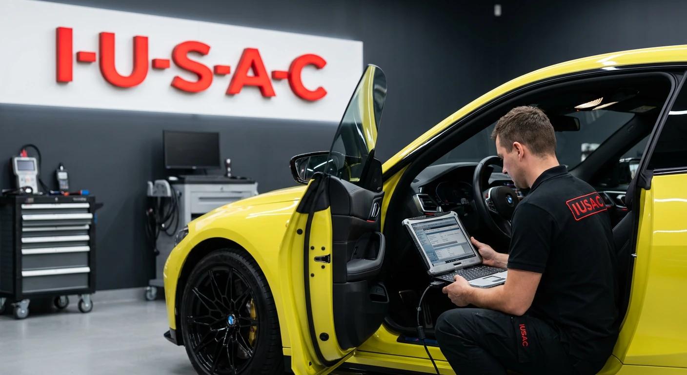Specjalista IUSAC wykonujący kodowanie i konwersję elektroniki w BMW M4 z USA