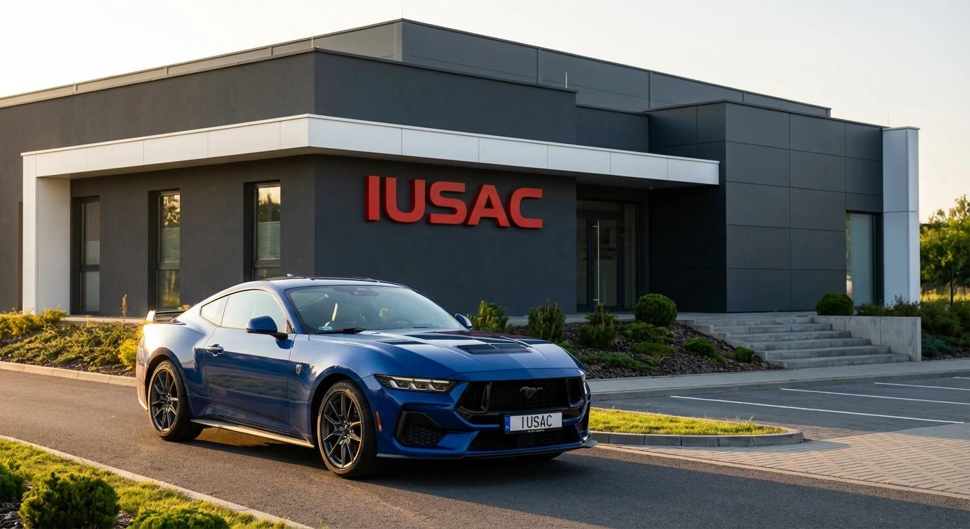 Niebieski Ford Mustang 2025 zaparkowany przed nowoczesną siedzibą firmy IUSAC importującej auta z Ameryki