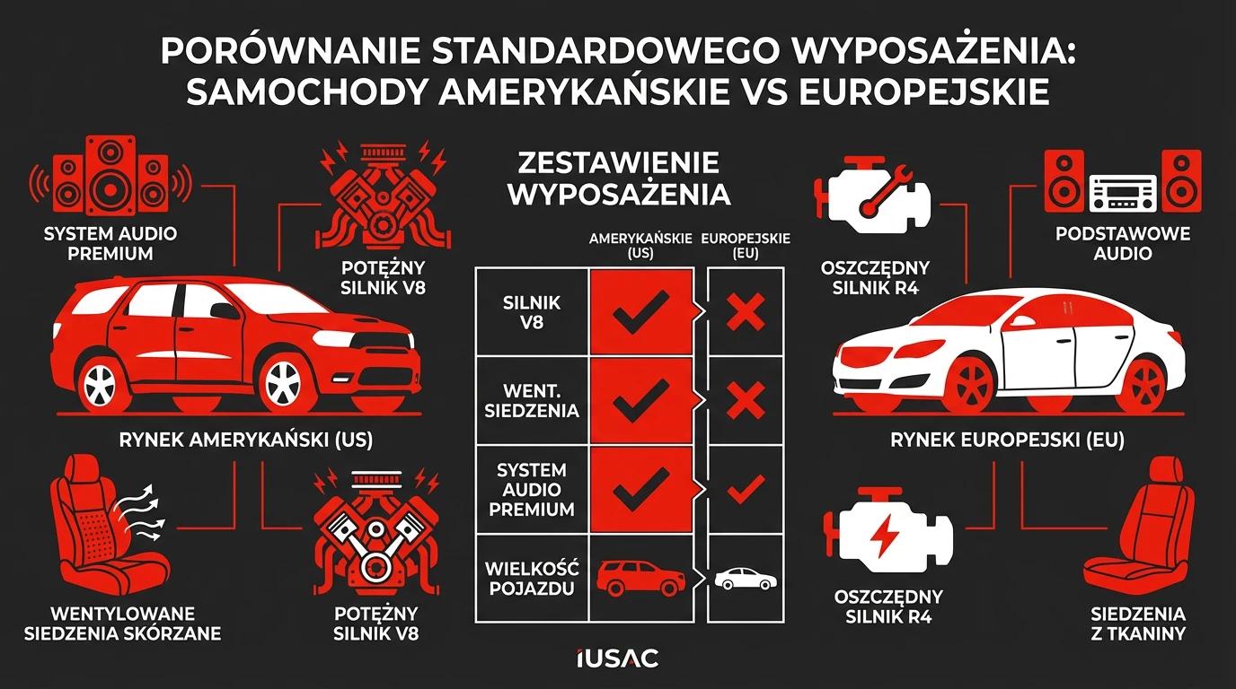 Infografika IUSAC porównująca bogate wyposażenie samochodów z Ameryki z autami europejskimi