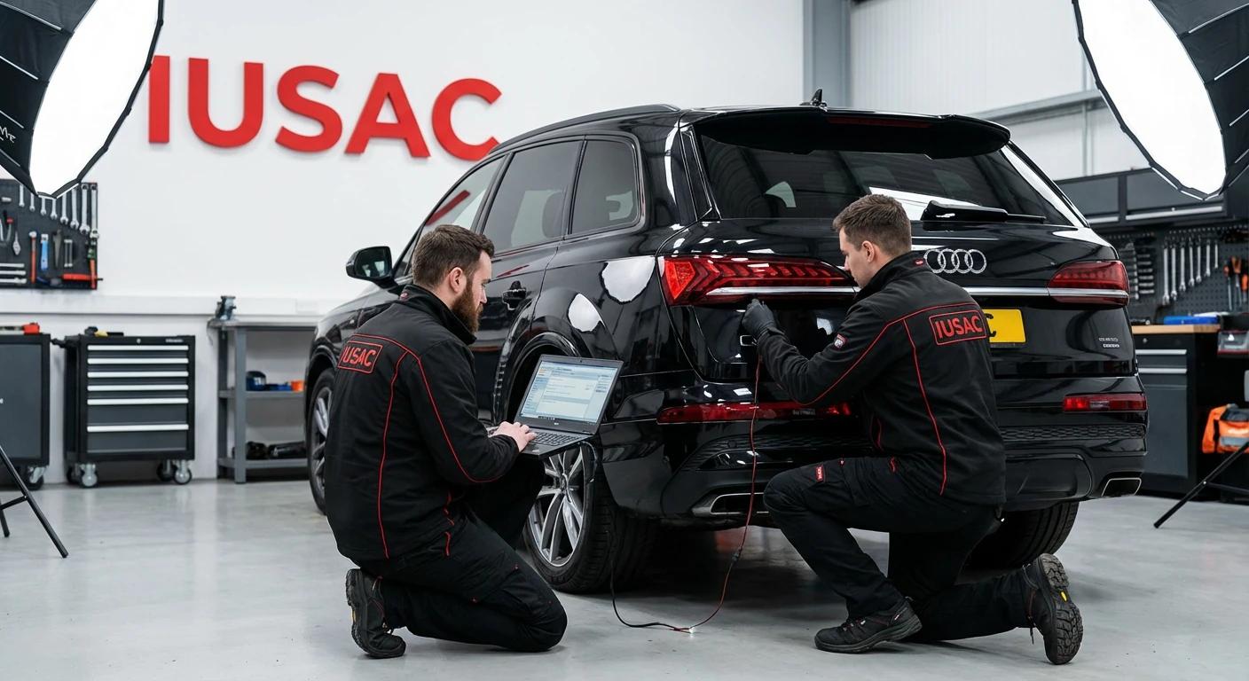 Technicy IUSAC przeprowadzający homologację lamp w Audi Q7 sprowadzonym z Ameryki