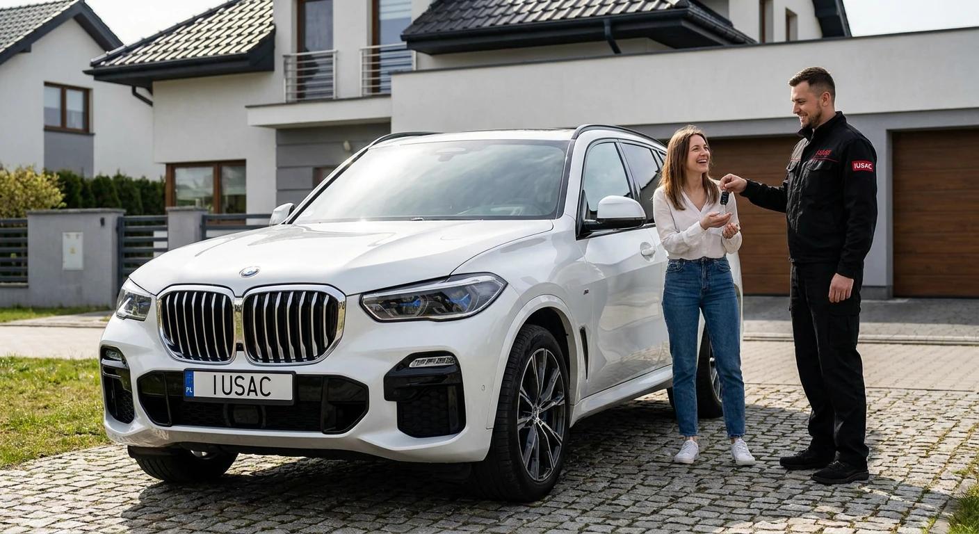 Auta z USA Konin - dostawa białego BMW X5 pod dom klienta przez pracownika IUSAC