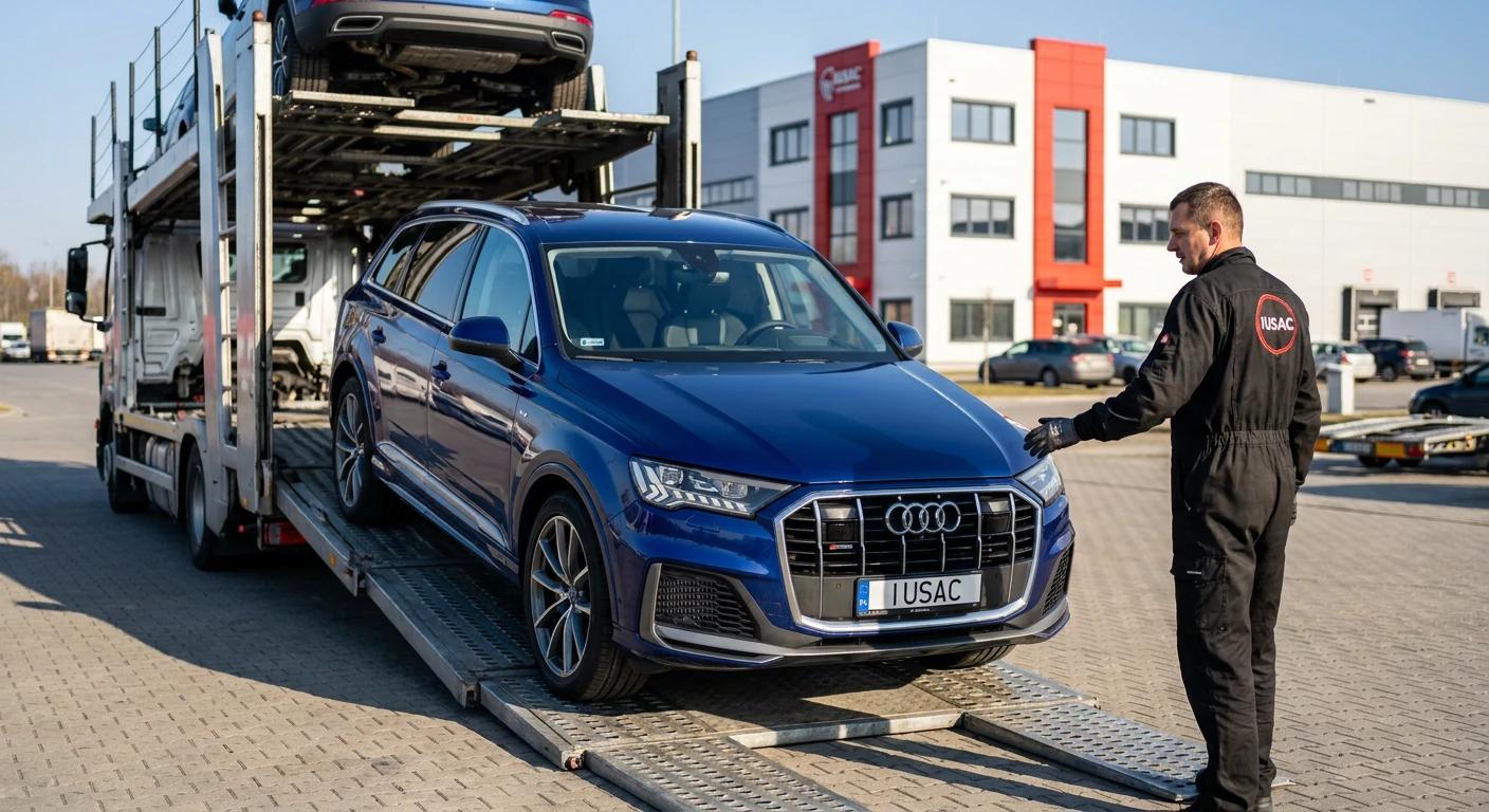 Rozładunek sprowadzonego z USA Audi Q7 na autolawecie przed siedzibą firmy IUSAC na Podkarpaciu