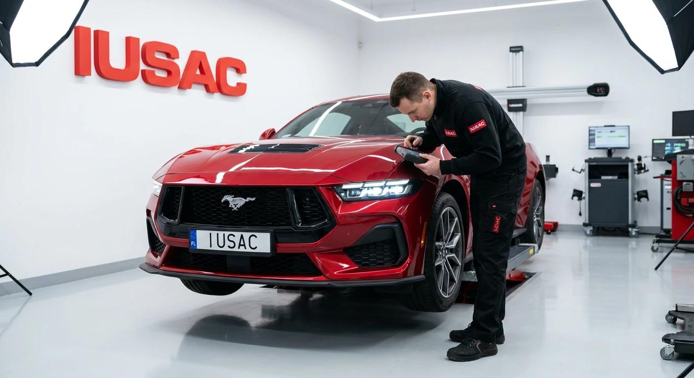 Technik IUSAC wykonujący homologację świateł w Fordzie Mustang S650 w profesjonalnym warsztacie na Podkarpaciu