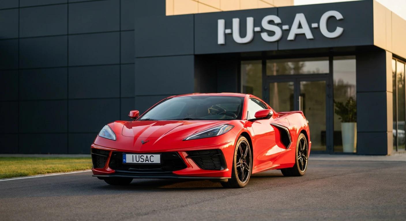 Czerwony Chevrolet Corvette C8 gotowy do odbioru przez klienta z Rzeszowa przed centrum IUSAC