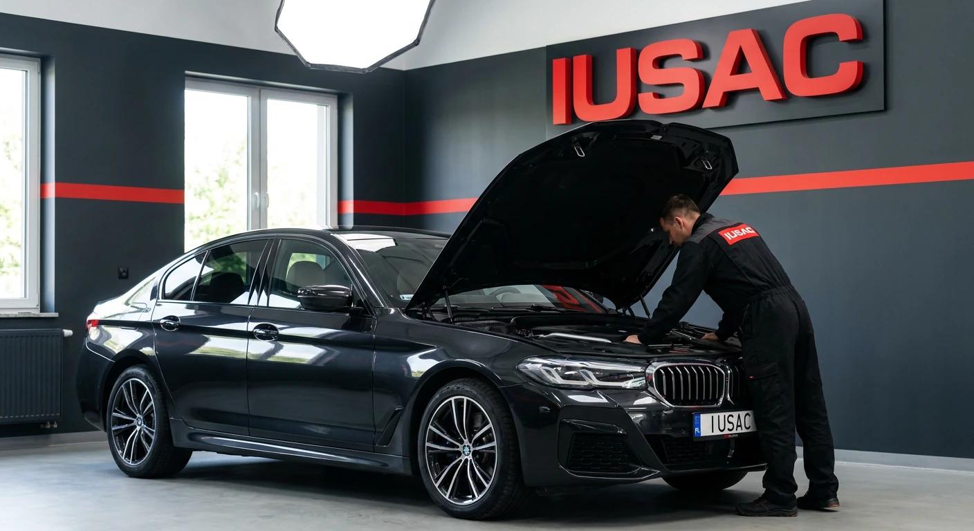 Mechanik IUSAC sprawdzający silnik BMW serii 5 G30 w nowoczesnym warsztacie w Polsce