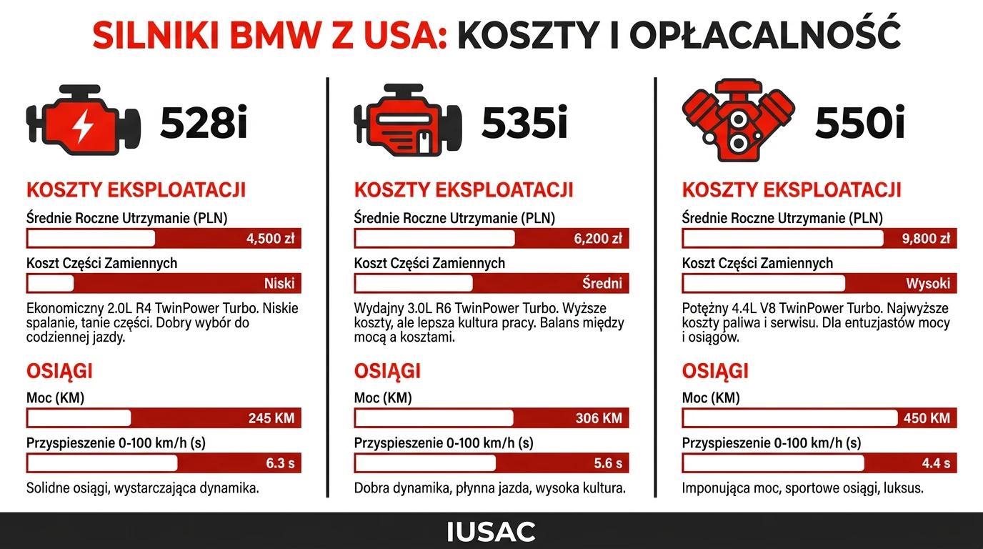 Infografika IUSAC porównująca silniki BMW F10 USA i opłacalność ich importu