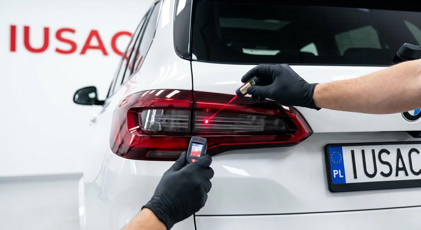 Technik IUSAC wykonujący homologację lamp tylnych w BMW sprowadzonym z USA