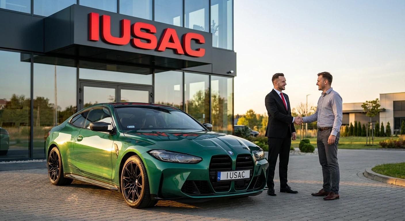 Zadowolony klient odbierający kluczyki do wymarzonego BMW z USA pod biurem IUSAC