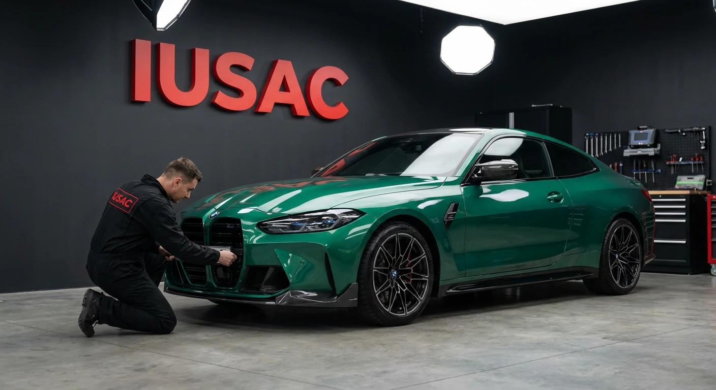 Technik IUSAC sprawdzający stan techniczny zielonego BMW M4 G82 z USA w profesjonalnym warsztacie w Polsce