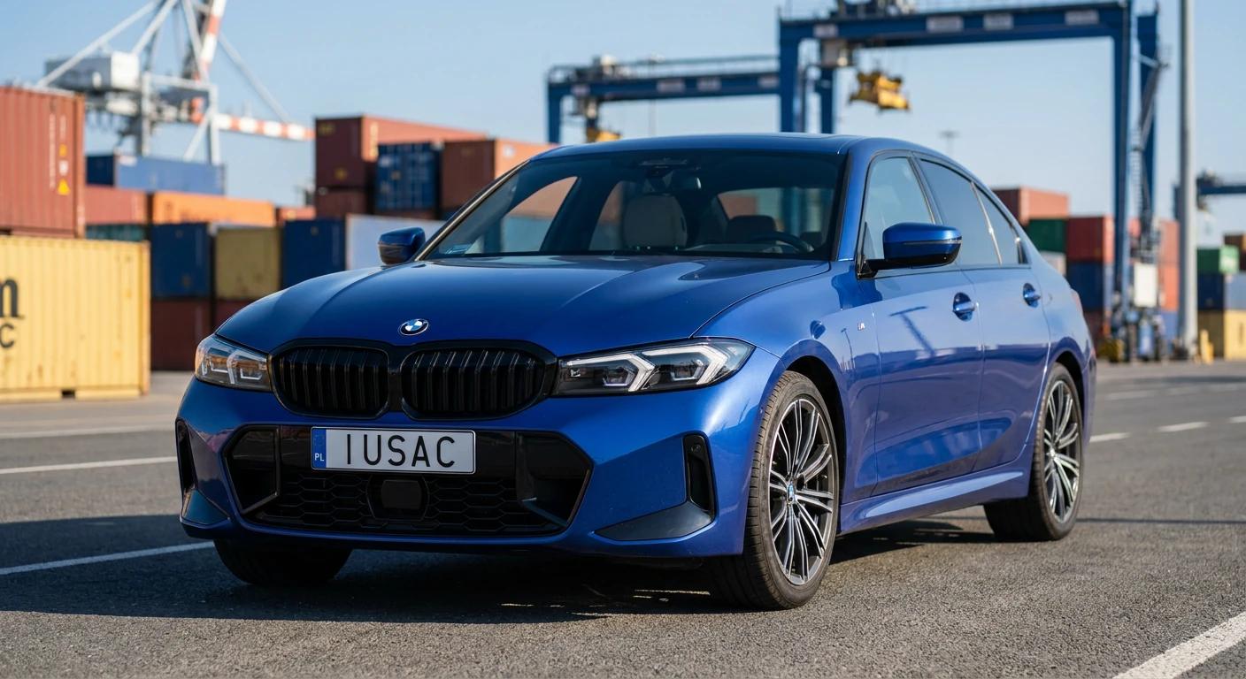Niebieskie BMW Seria 3 G20 z USA zaparkowane w porcie po udanym rozładunku przez firmę IUSAC