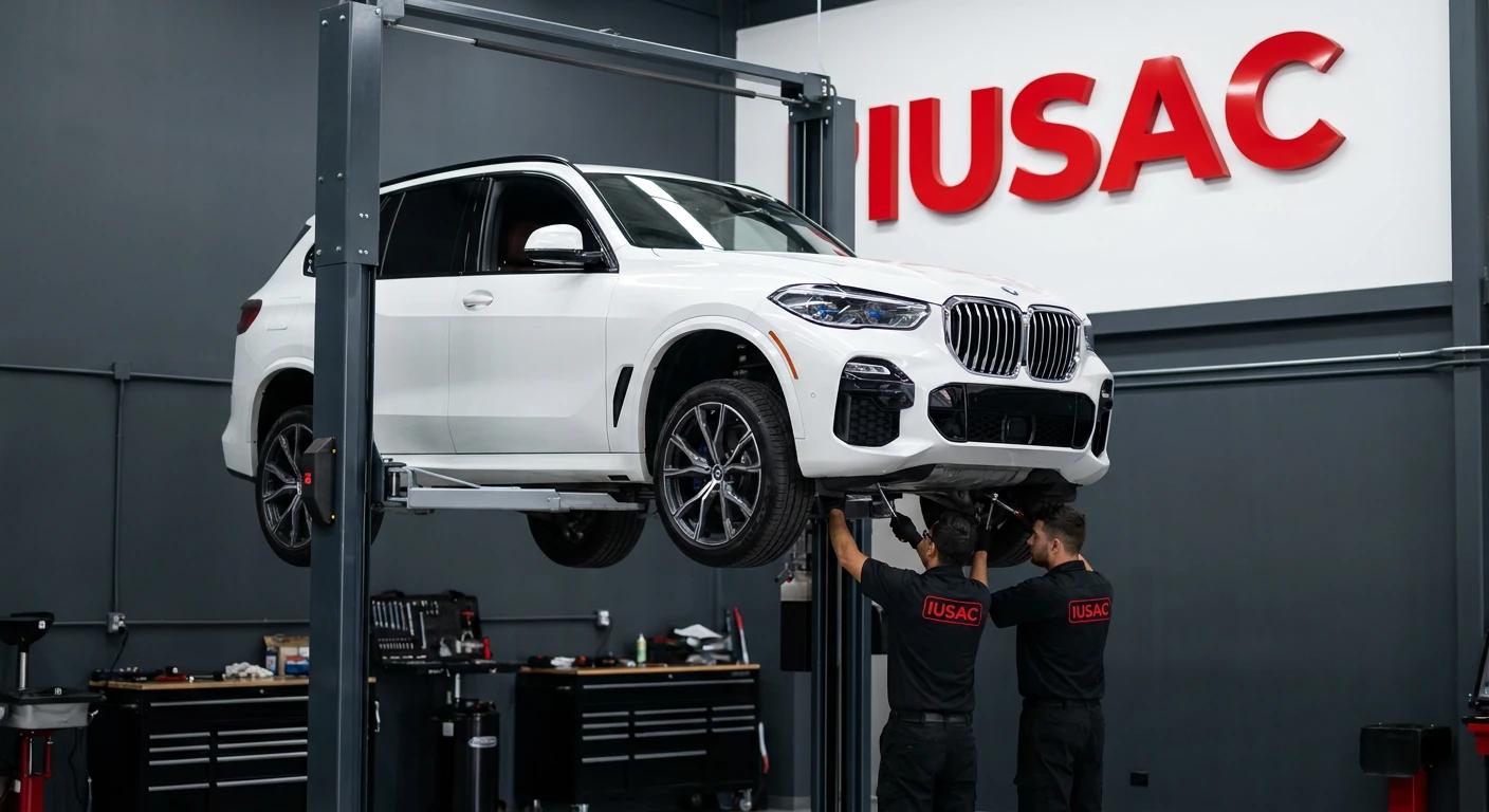 Białe BMW X5 G05 na podnośniku w nowoczesnym warsztacie IUSAC podczas inspekcji podwozia