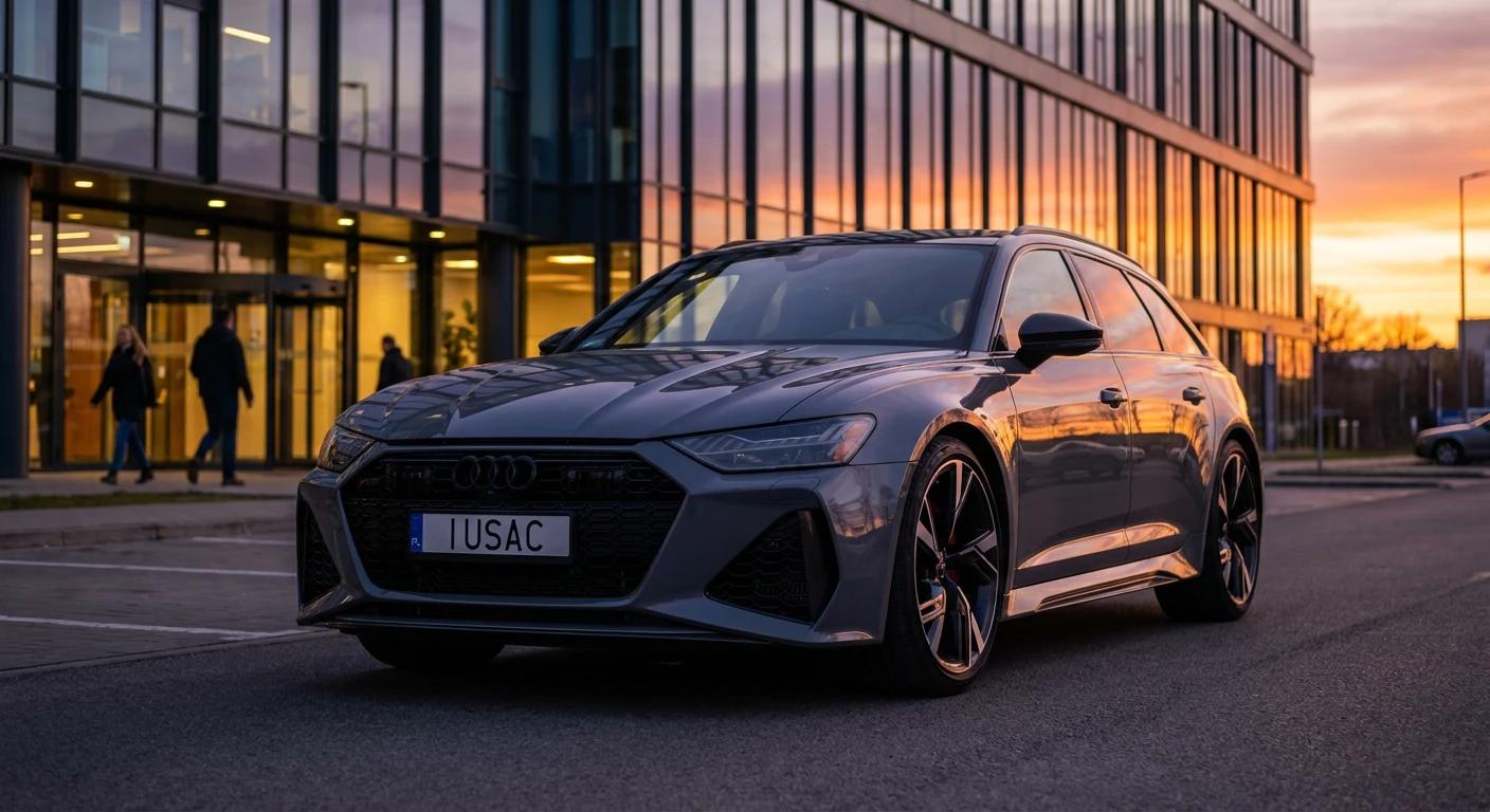 Szare Audi RS6 Avant C8 sprowadzone z USA, zaparkowane przed nowoczesnym biurem IUSAC