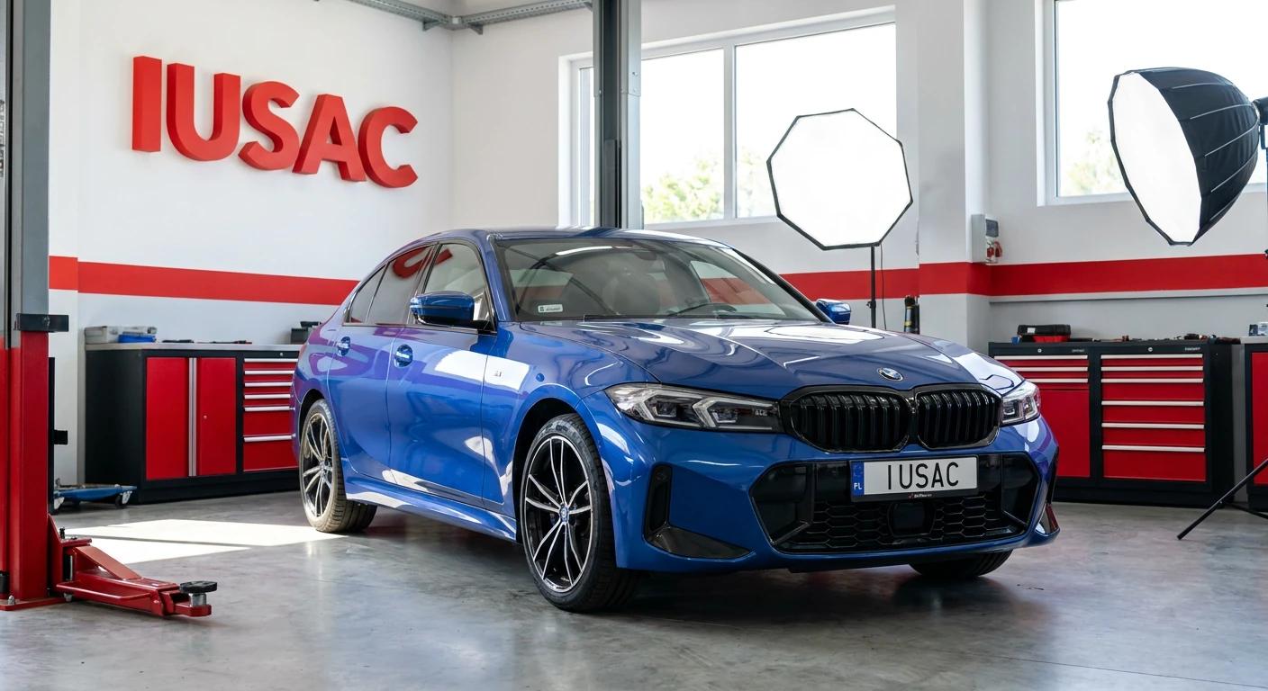 BMW Serii 3 G20 w kolorze Portimao Blue zaparkowane w nowoczesnym serwisie IUSAC w Polsce