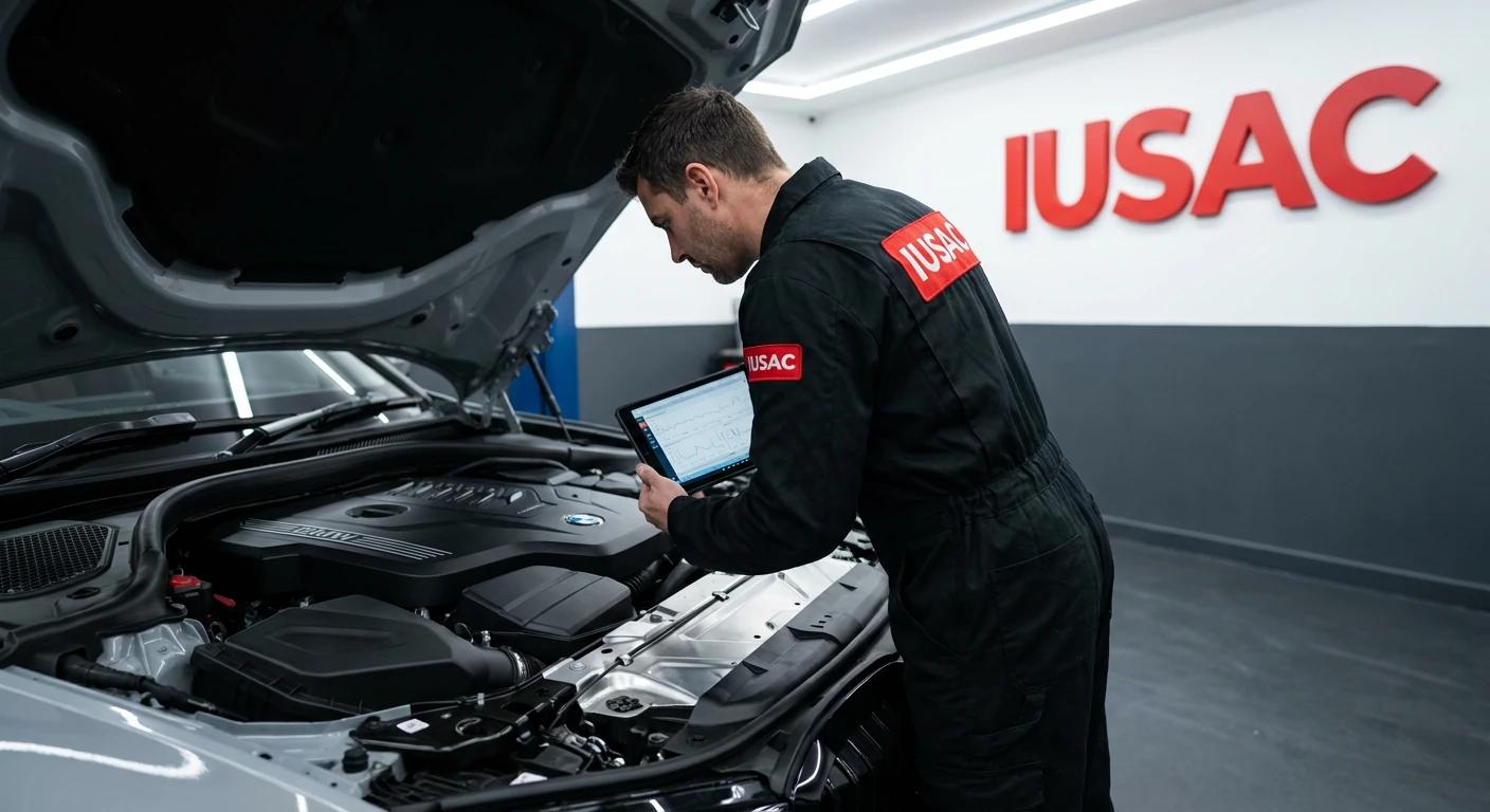 Technik IUSAC sprawdzający silnik B58 w BMW M340i z USA podczas profesjonalnej diagnozy