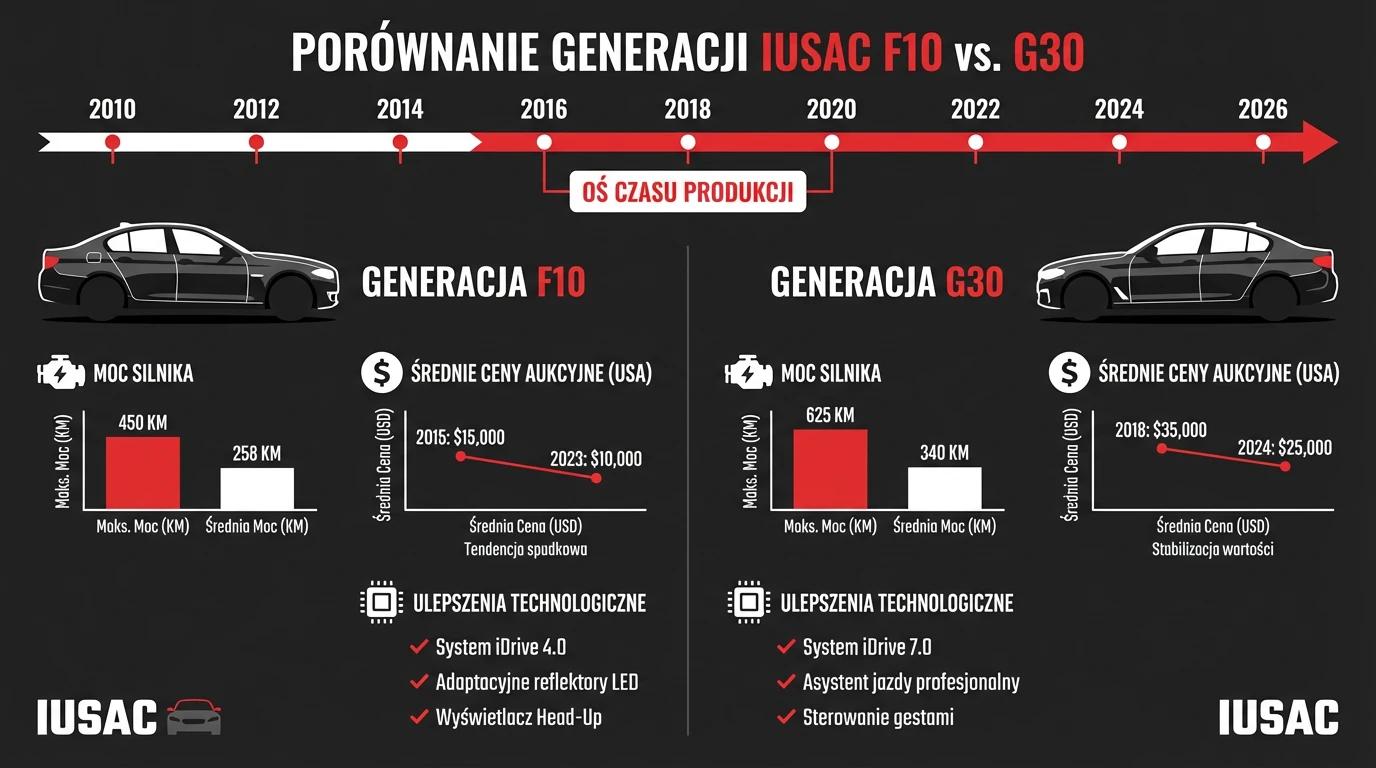 Infografika porównująca generacje BMW serii 5 F10 i G30 importowane z USA przez IUSAC