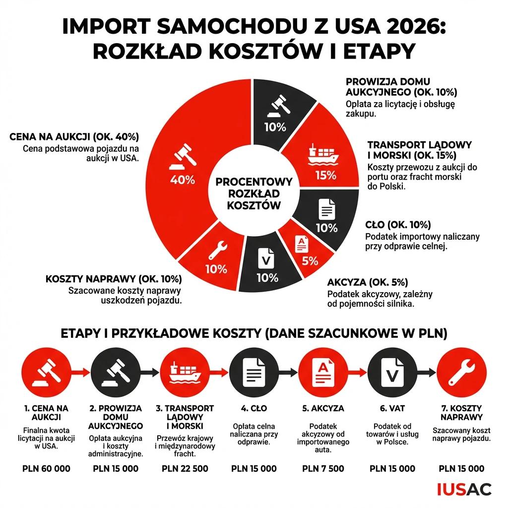 Wykres kosztów importu BMW serii 5 z USA w 2026 roku przygotowany przez IUSAC