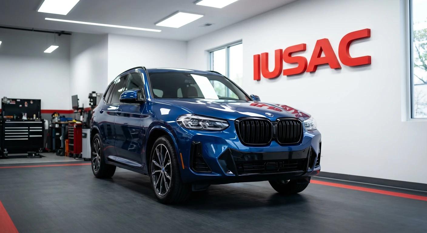 Niebieskie BMW X3 G01 z USA w nowoczesnym warsztacie IUSAC, przygotowywane do importu i naprawy