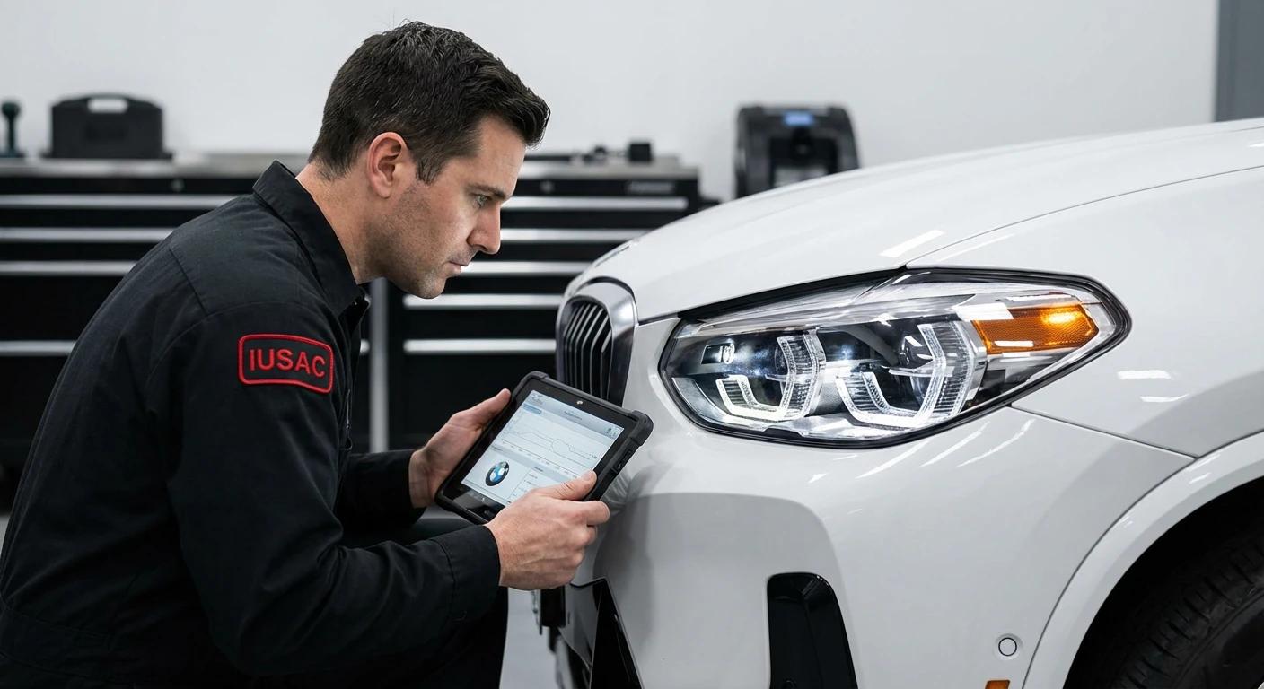 Technik IUSAC modyfikujący przednie reflektory BMW X3 wersja amerykańska do wymogów europejskich