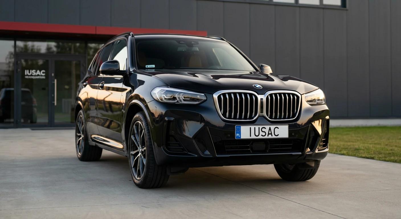 Gotowe do odbioru, naprawione i zarejestrowane BMW X3 z USA przed siedzibą firmy IUSAC