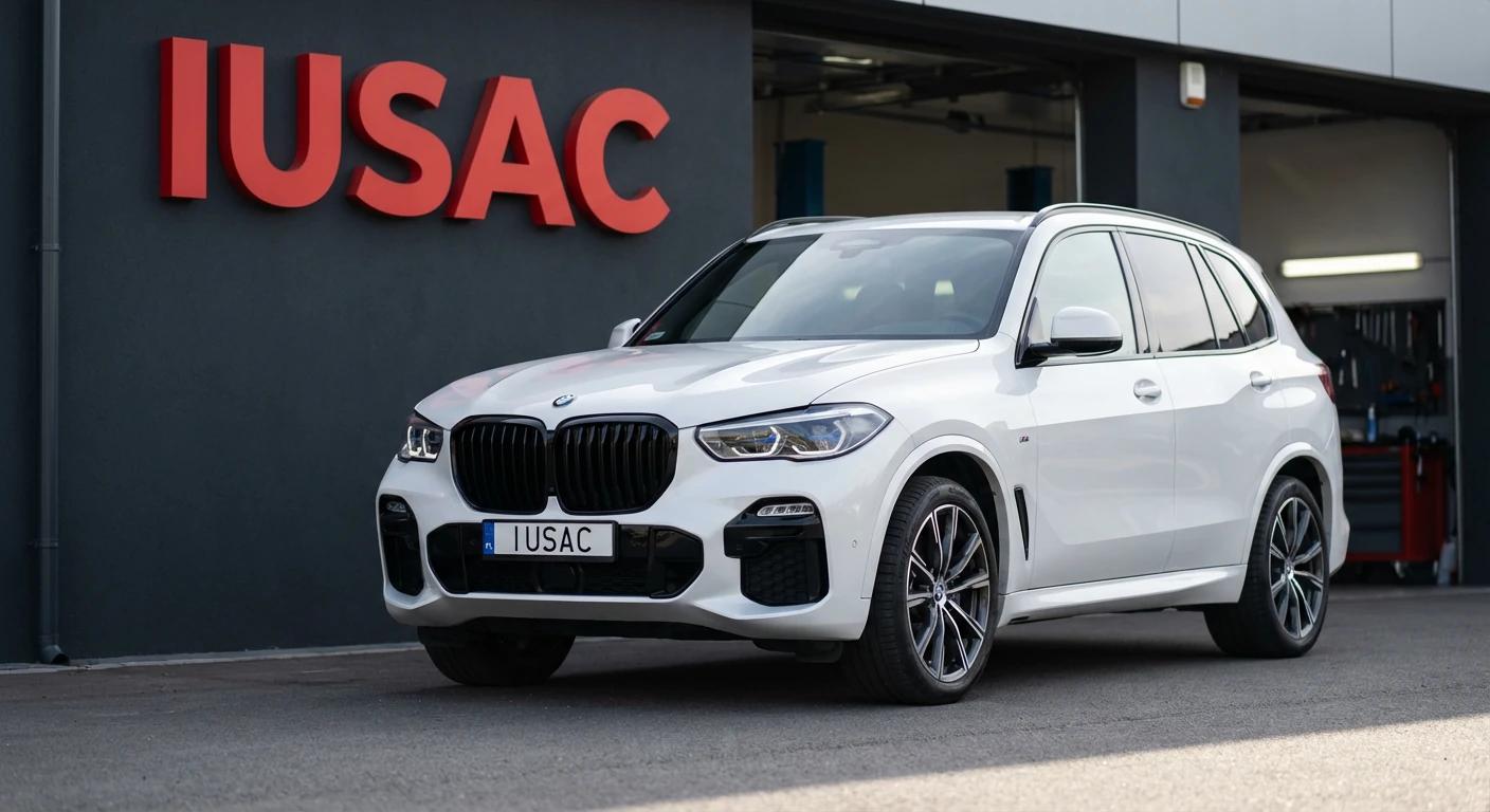 Białe BMW X5 G05 M Sport 2024 zaparkowane przed nowoczesnym serwisem IUSAC, ilustrujące opłacalny import aut z USA.