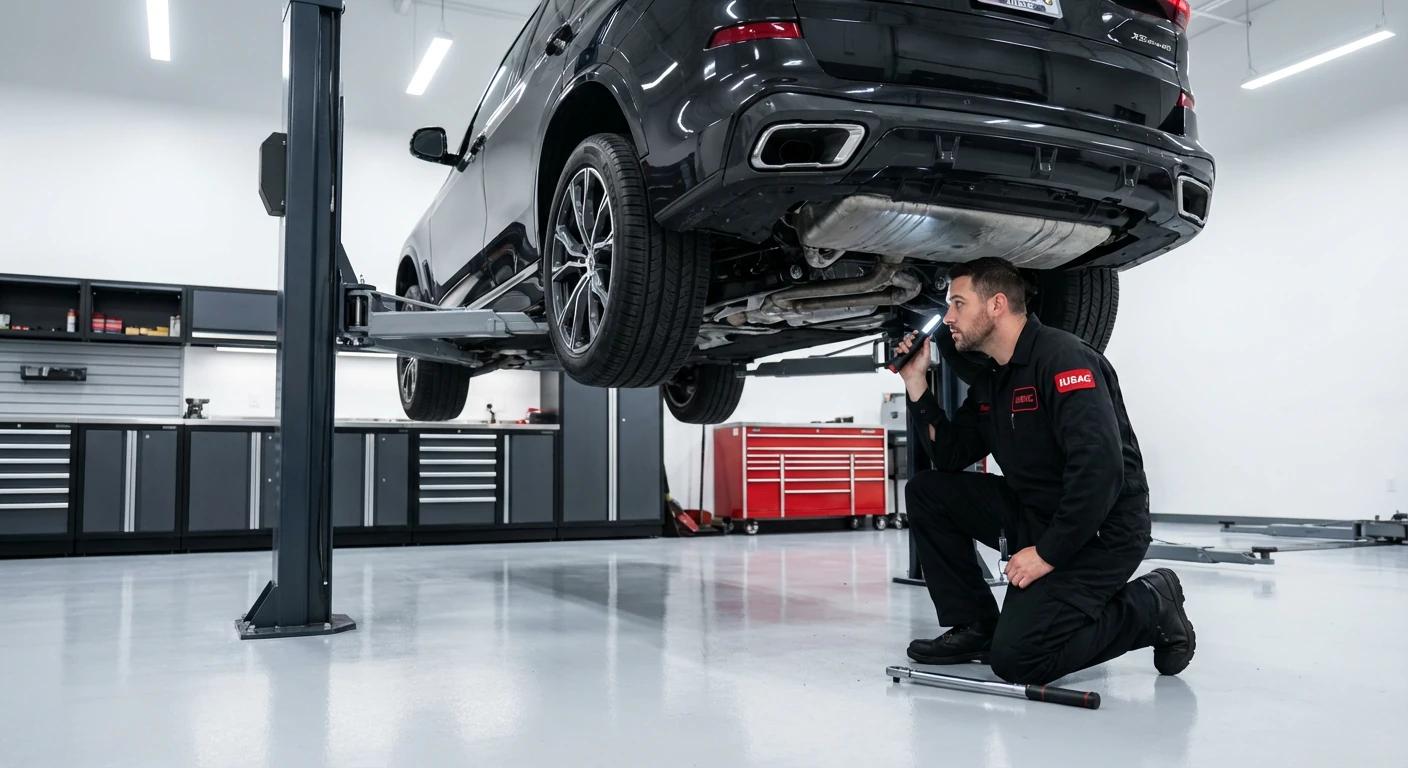 Technik IUSAC weryfikujący stan techniczny podwozia BMW X5 xDrive40i 2023 w profesjonalnym warsztacie po imporcie z USA.