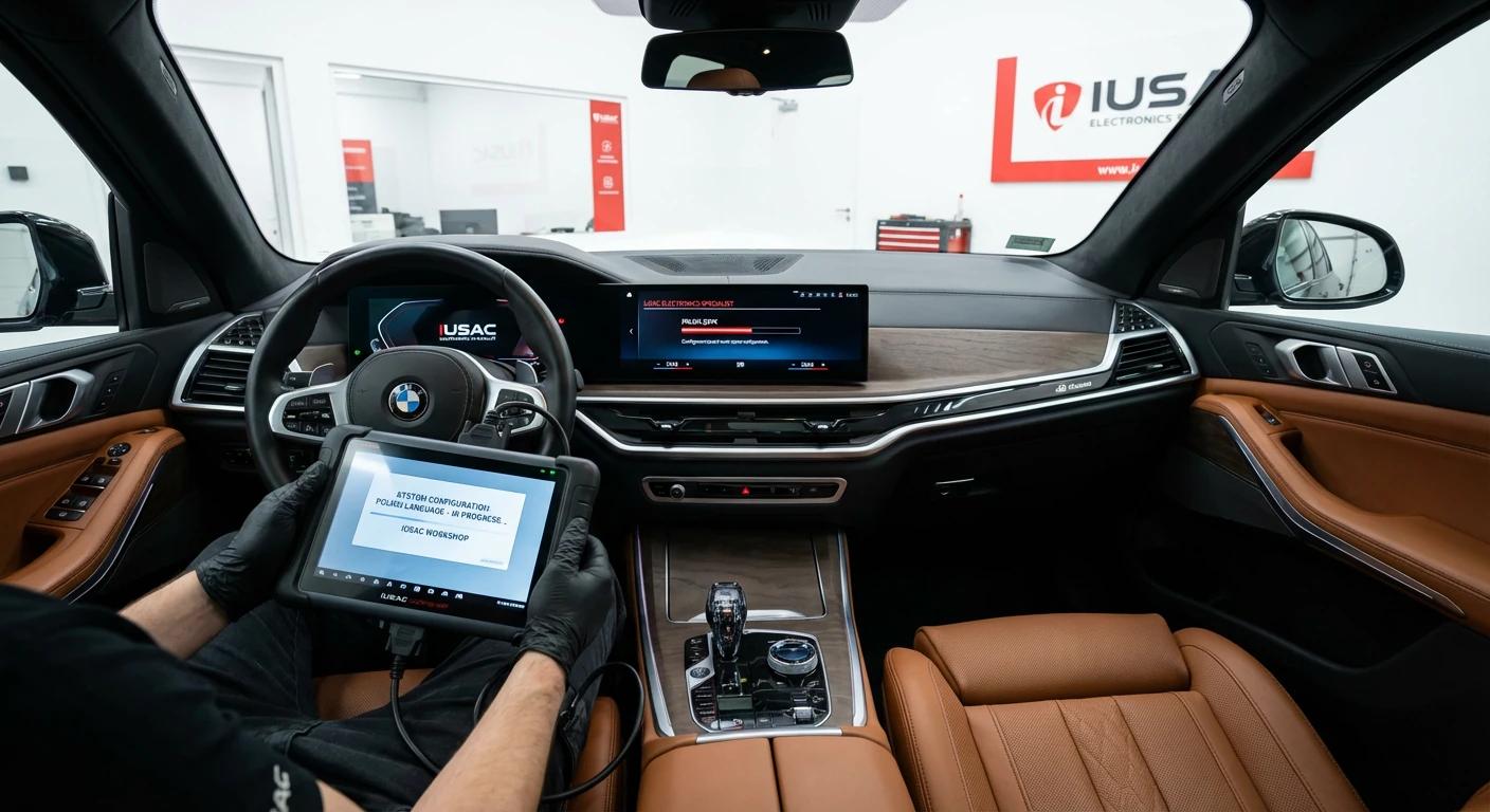 Specjalista IUSAC kodujący polskie menu i nawigację w luksusowym wnętrzu BMW X5 G05 2024 sprowadzonym z USA.