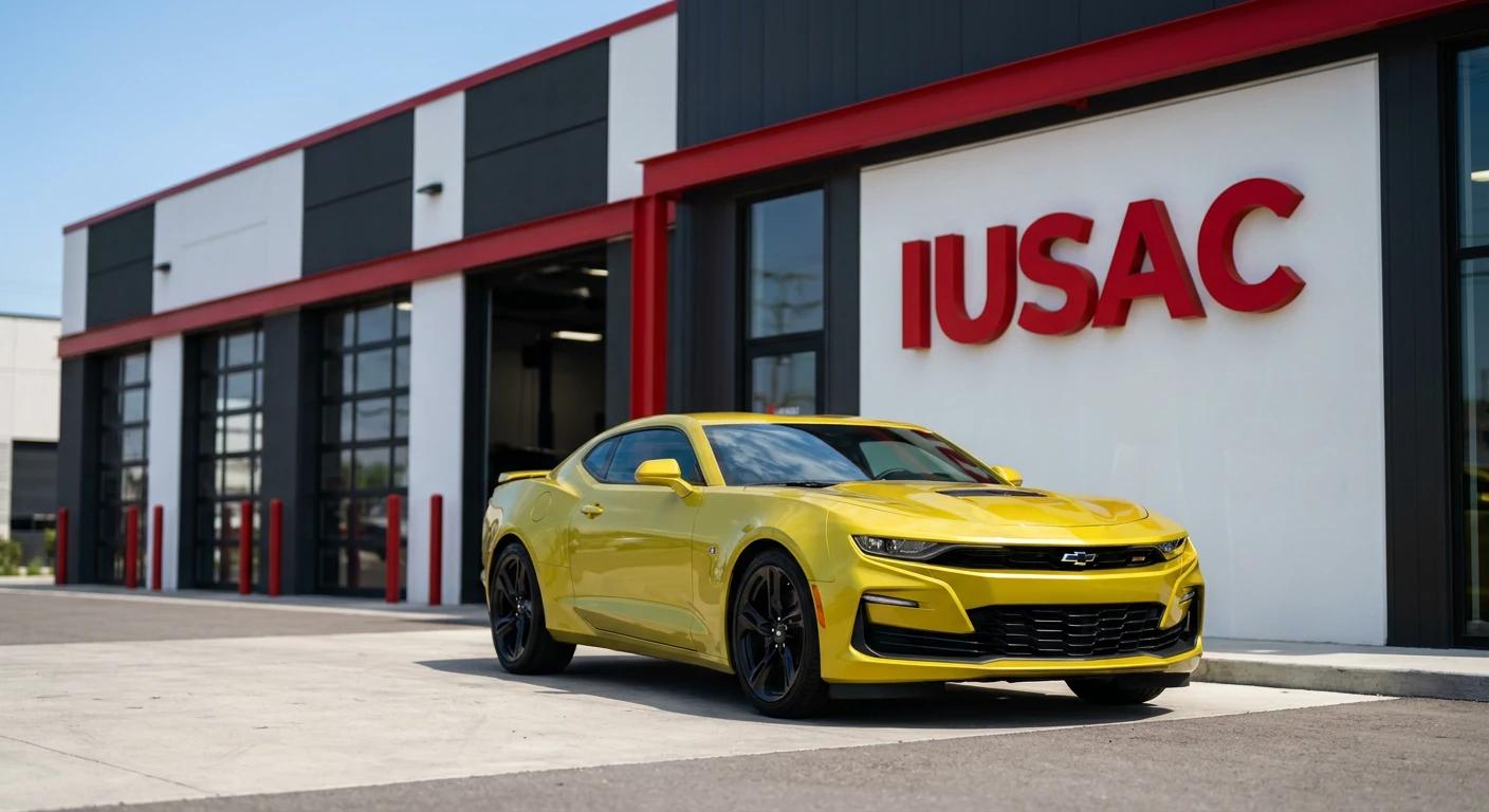 Żółty Chevrolet Camaro SS 2024 przed nowoczesnym warsztatem IUSAC – import aut z USA.