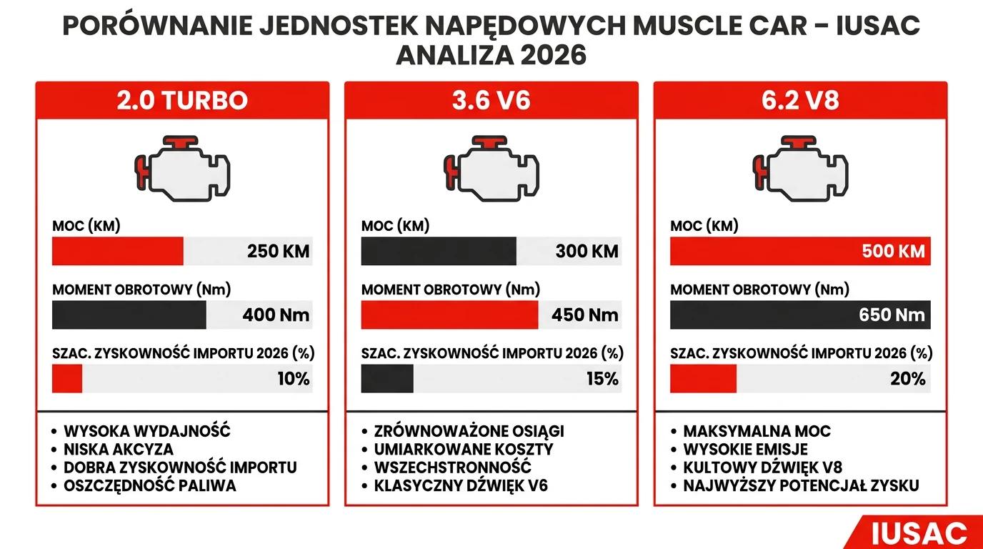 Porównanie wersji silnikowych Chevroleta Camaro – infografika opłacalności importu 2026.