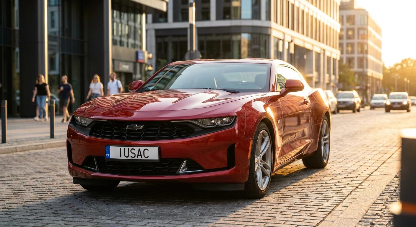Czerwony Chevrolet Camaro LT1 2022 z polską tablicą rejestracyjną IUSAC na ulicy miasta.