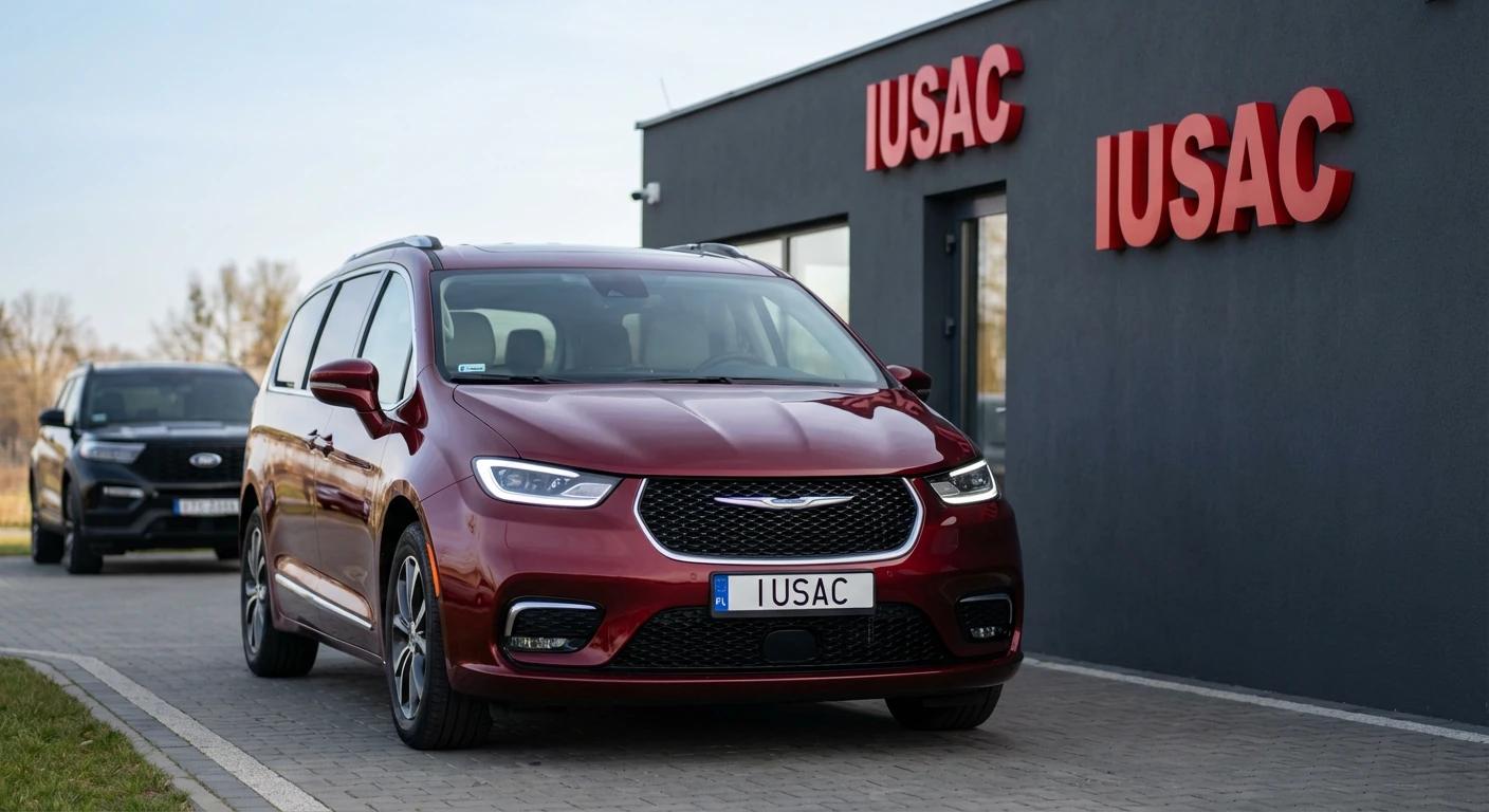 Czerwony Chrysler Pacifica z USA zaparkowany przed nowoczesnym salonem IUSAC gotowy do odbioru przez klienta