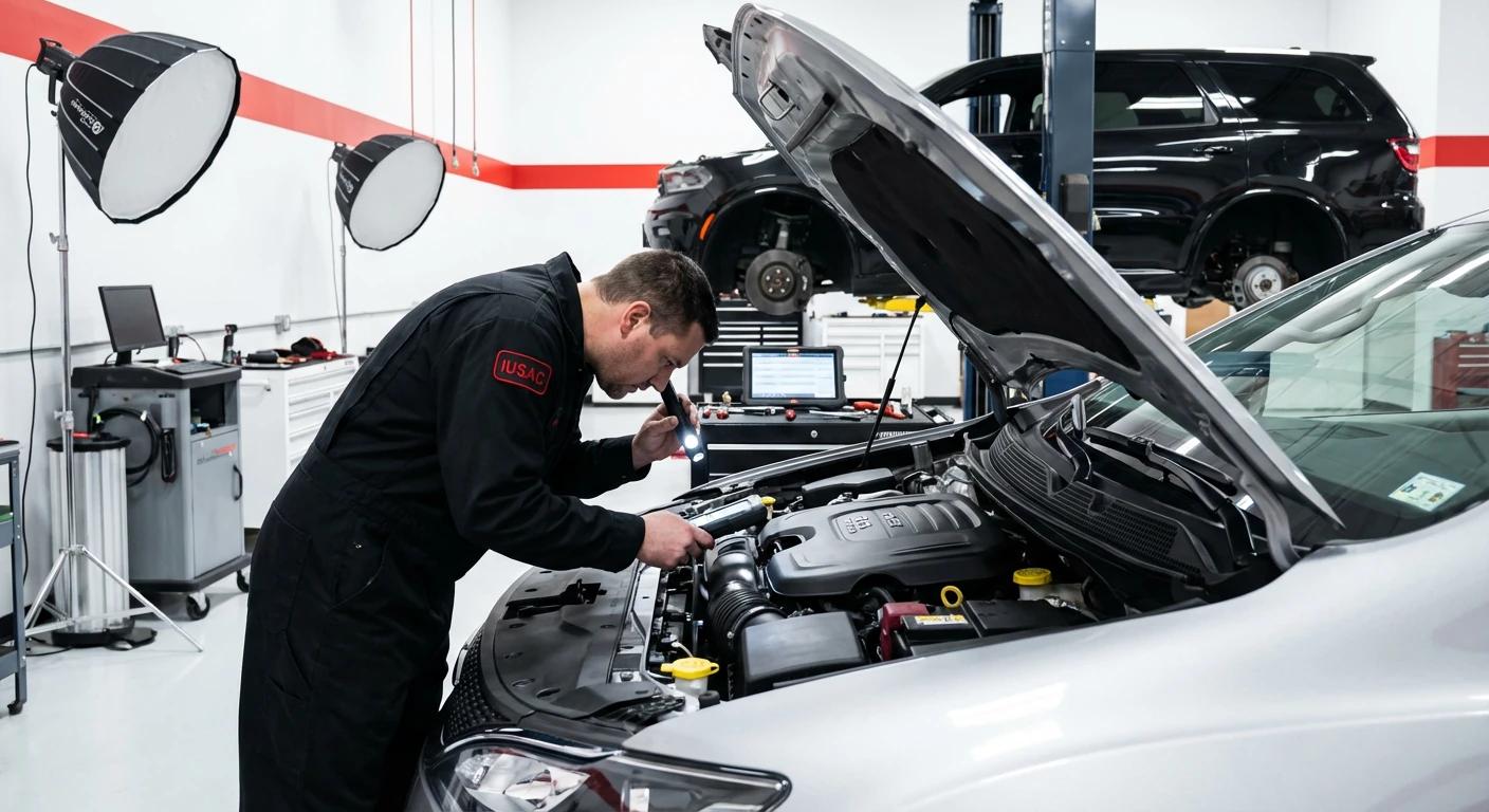 Mechanik IUSAC sprawdzający silnik Pentastar V6 w sprowadzonym modelu Chrysler Pacifica w nowoczesnym warsztacie